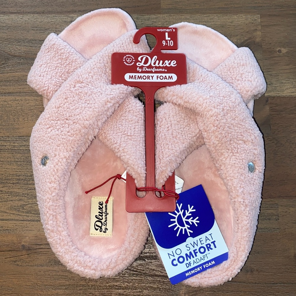 🎈Dluxe by Dearfoams Women's Open Toe Slippers Beige, L 9-10, Memory Foam, New